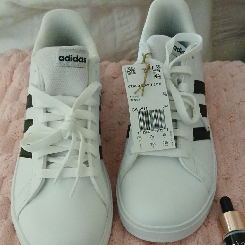 Adidas White Sneakers with Black Stripes